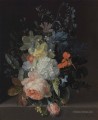 Une rose une boule de neige jonquilles Iris et d’autres fleurs dans un vase en verre sur un rebord de Pierre Jan van Huysum